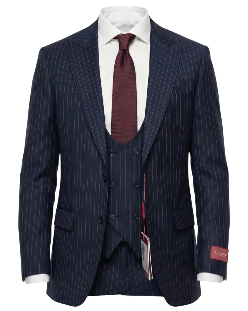 Mazara Mens Navy Rope Striped Classic Fit Peak Lapel 3-Piece Wool Suit
