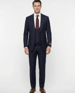Mazara Mens Navy Rope Striped Classic Fit Peak Lapel 3-Piece Wool Suit