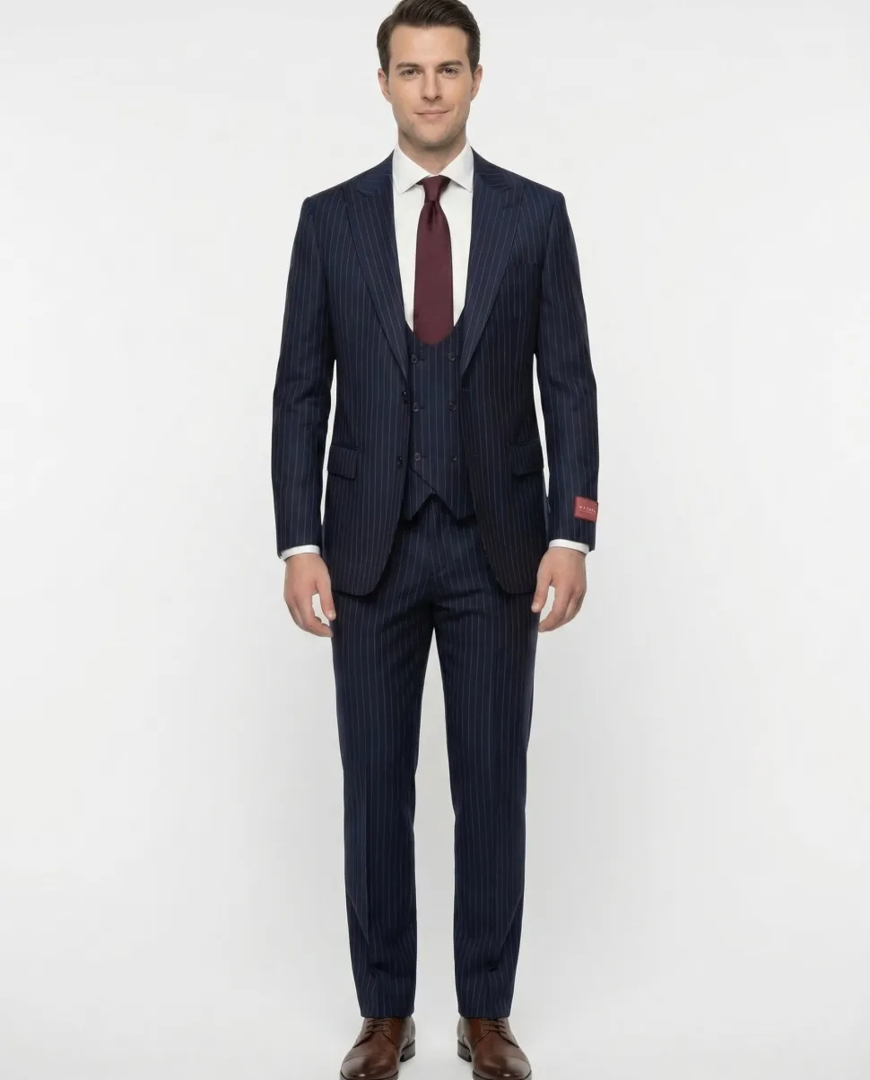 Mazara Mens Navy Rope Striped Classic Fit Peak Lapel 3-Piece Wool Suit