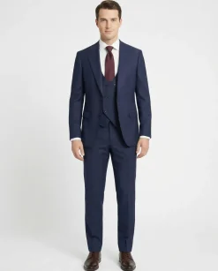 Mazara Mens Navy With Burgundy Windowpane Slim Fit Windowpane 3-Piece Wool Suit