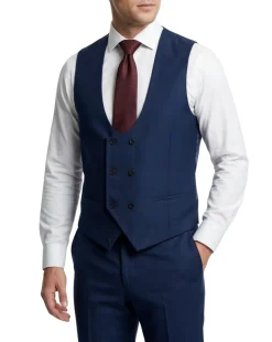 Mazara Mens Navy With Burgundy Windowpane Slim Fit Windowpane 3-Piece Wool Suit