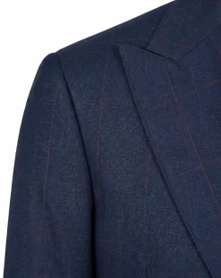 Mazara Mens Navy With Burgundy Windowpane Slim Fit Windowpane 3-Piece Wool Suit