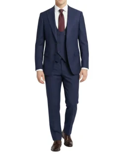Mazara Mens Navy With Burgundy Windowpane Slim Fit Windowpane 3-Piece Wool Suit