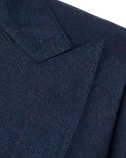 Mazara Mens Navy With Burgundy Windowpane Slim Fit Windowpane 3-Piece Wool Suit