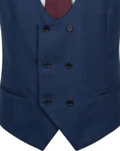 Mazara Mens Navy With Burgundy Windowpane Slim Fit Windowpane 3-Piece Wool Suit