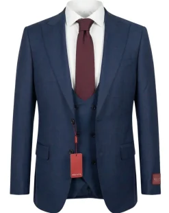 Mazara Mens Navy With Burgundy Windowpane Slim Fit Windowpane 3-Piece Wool Suit