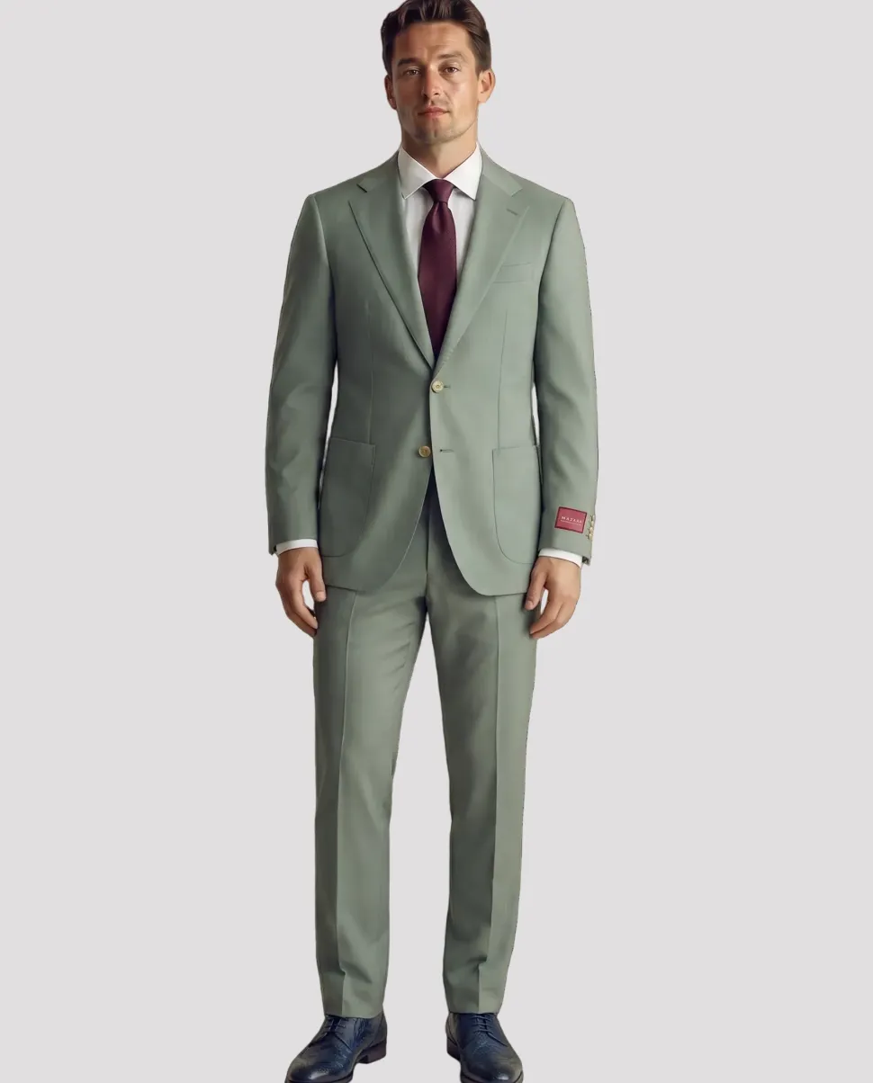 Mazara Mens Sage Green Classic Fit Notch Lapels Patch Pockets Wool Stretch 2-Button Suit
