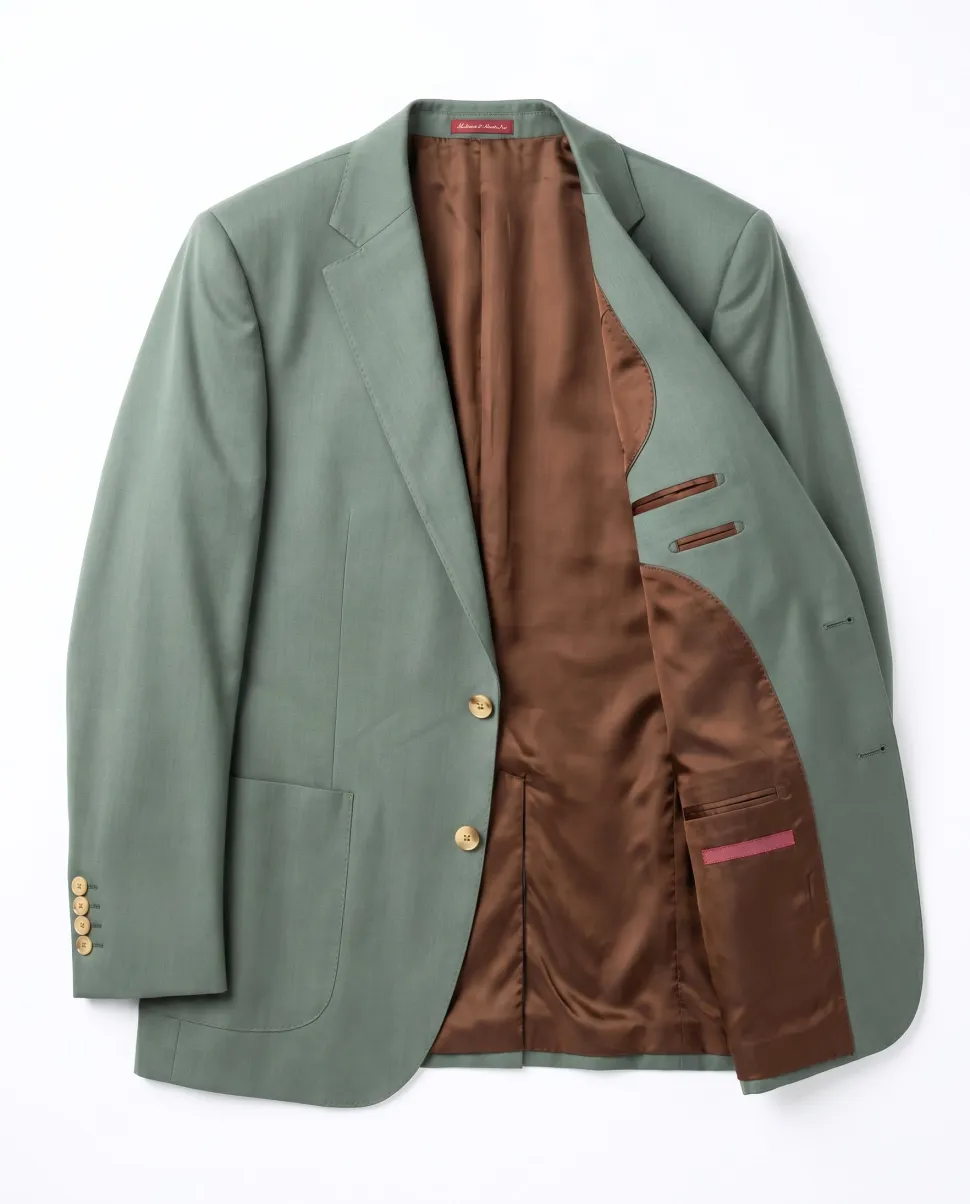 Mazara Mens Sage Green Classic Fit Notch Lapels Patch Pockets Wool Stretch 2-Button Suit