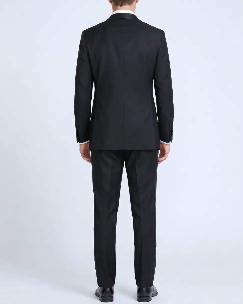 Mazara Mens Solid Black Peak Lapel Slim Fit Wool Formal Tuxedo Suit