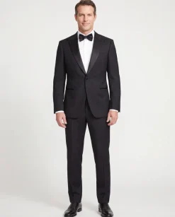 Mazara Mens Solid Black Peak Lapel Slim Fit Wool Formal Tuxedo Suit