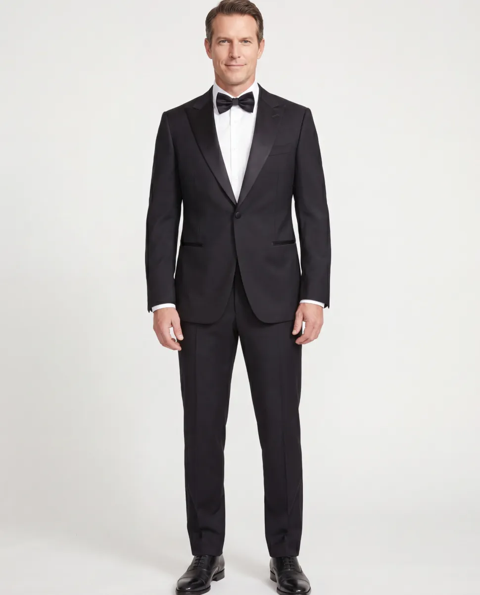 Mazara Mens Solid Black Peak Lapel Slim Fit Wool Formal Tuxedo Suit