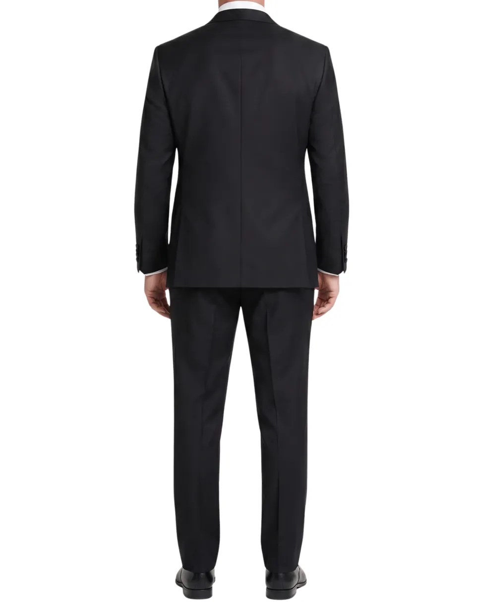 Mazara Mens Solid Black Peak Lapel Classic Fit Wool One-Button Formal Tuxedo Suit