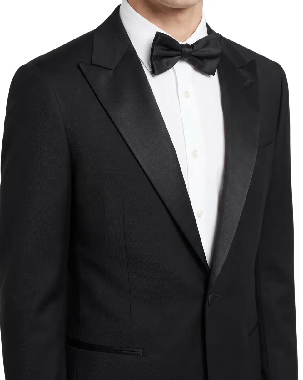Mazara Mens Solid Black Peak Lapel Classic Fit Wool One-Button Formal Tuxedo Suit