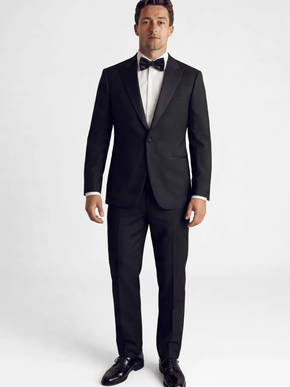 Mazara Mens Solid Black Peak Lapel Classic Fit Wool One-Button Formal Tuxedo Suit