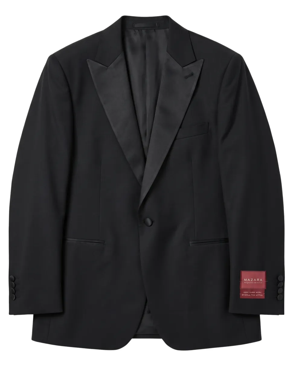 Mazara Mens Solid Black Peak Lapel Classic Fit Wool One-Button Formal Tuxedo Suit