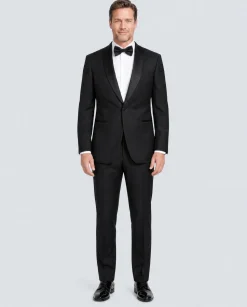 Mazara Mens Solid Black Shawl Lapel Slim Fit Wool One-Button Formal Tuxedo Suit