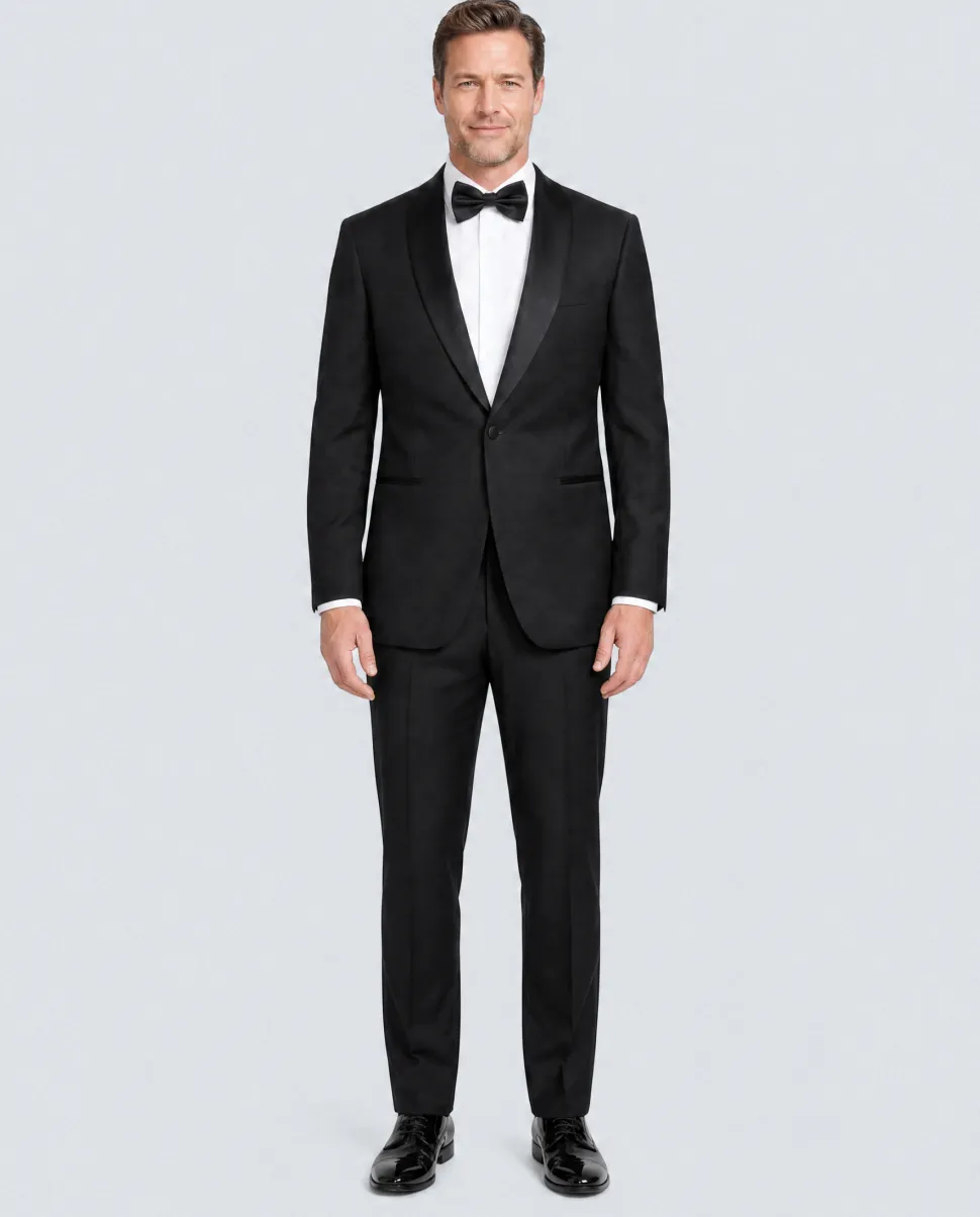 Mazara Mens Solid Black Shawl Lapel Slim Fit Wool One-Button Formal Tuxedo Suit