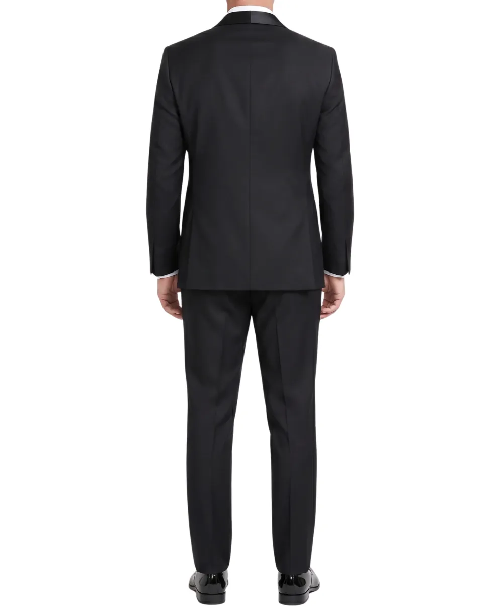 Mazara Mens Solid Black Shawl Lapel Slim Fit Wool One-Button Formal Tuxedo Suit