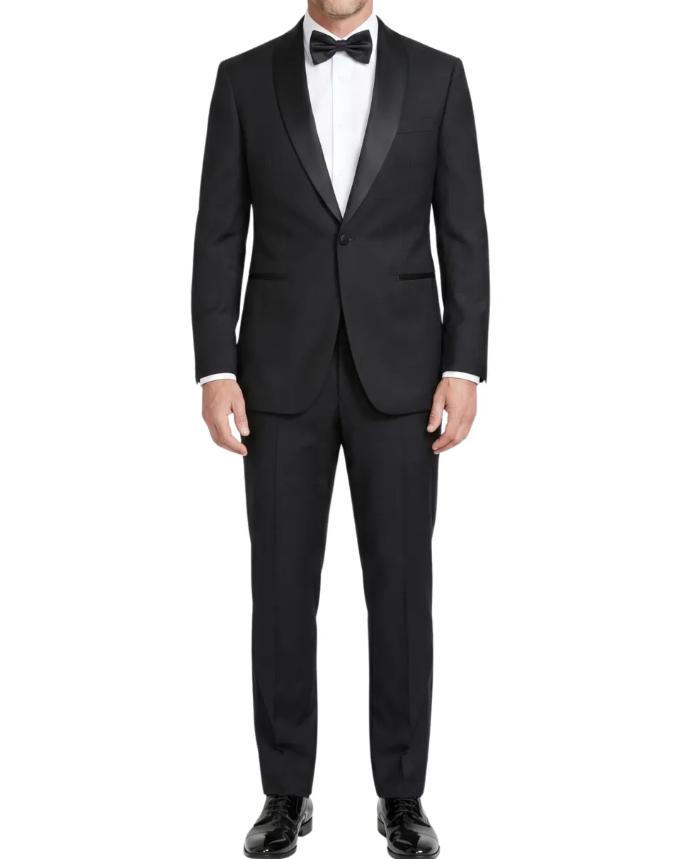 Mazara Mens Solid Black Shawl Lapel Classic Fit Wool One-Button Formal Tuxedo Suit