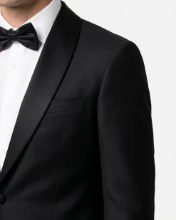 Mazara Mens Solid Black Shawl Lapel Classic Fit Wool One-Button Formal Tuxedo Suit