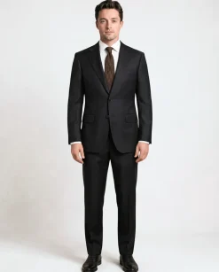 Mazara Mens Solid Black Slim Fit Notch Lapel Wool Cashmere 2-Button Suit