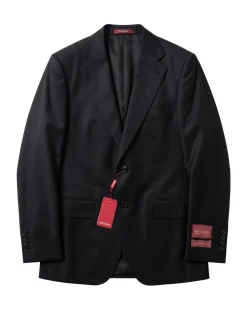 Mazara Mens Solid Black Slim Fit Notch Lapel Wool Cashmere 2-Button Suit