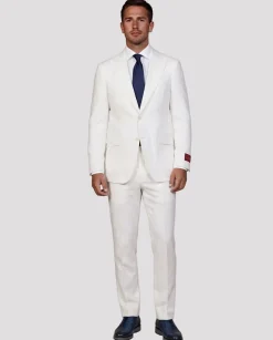Mazara Mens Solid White Classic Fit Peak Lapels Wool 2-Button Suit