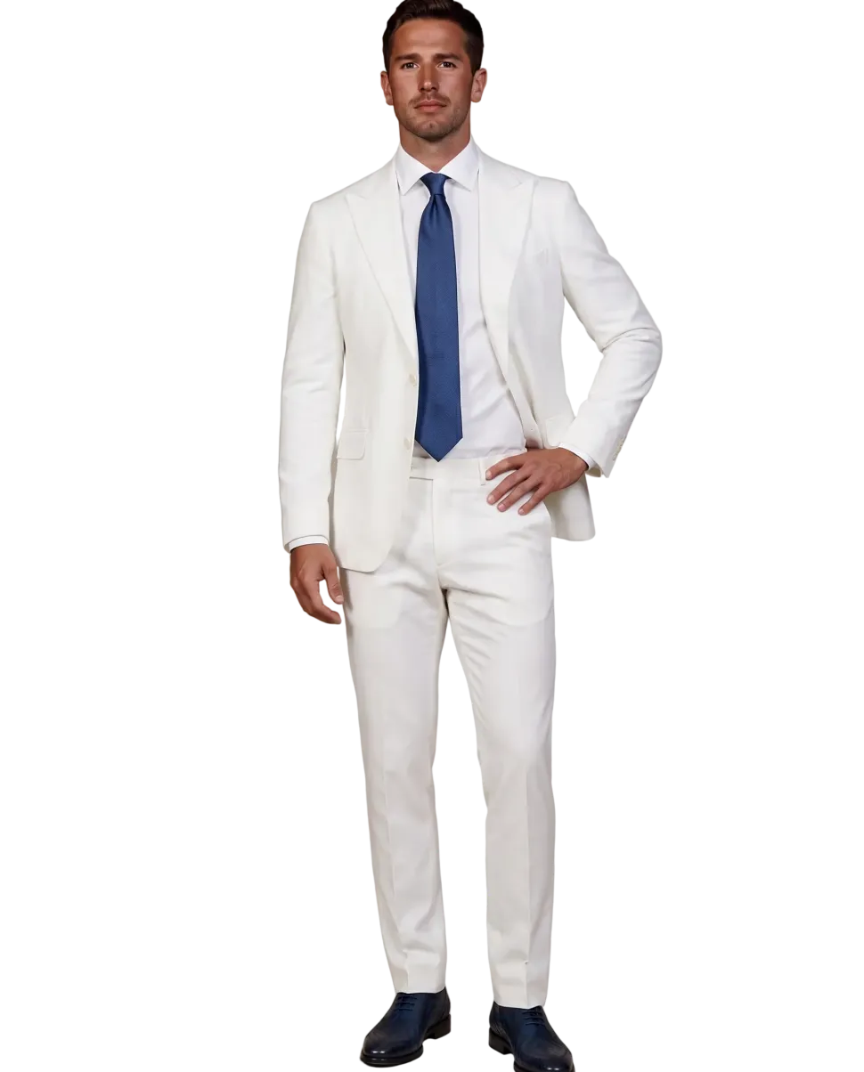 Mazara Mens Solid White Classic Fit Peak Lapels Wool 2-Button Suit