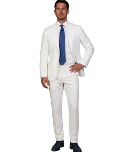 Mazara Mens Solid White Slim Fit Peak Lapels Wool 2-Button Suit