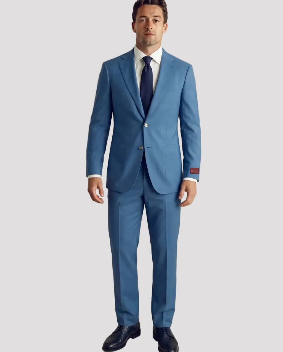 Mazara Mens Steel Blue Classic Fit Notch Lapels Patch Pockets Wool Stretch 2-Button Suit