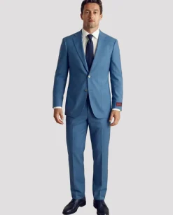 Mazara Mens Steel Blue Slim Fit Notch Lapels Patch Pockets Wool Stretch 2-Button Suit