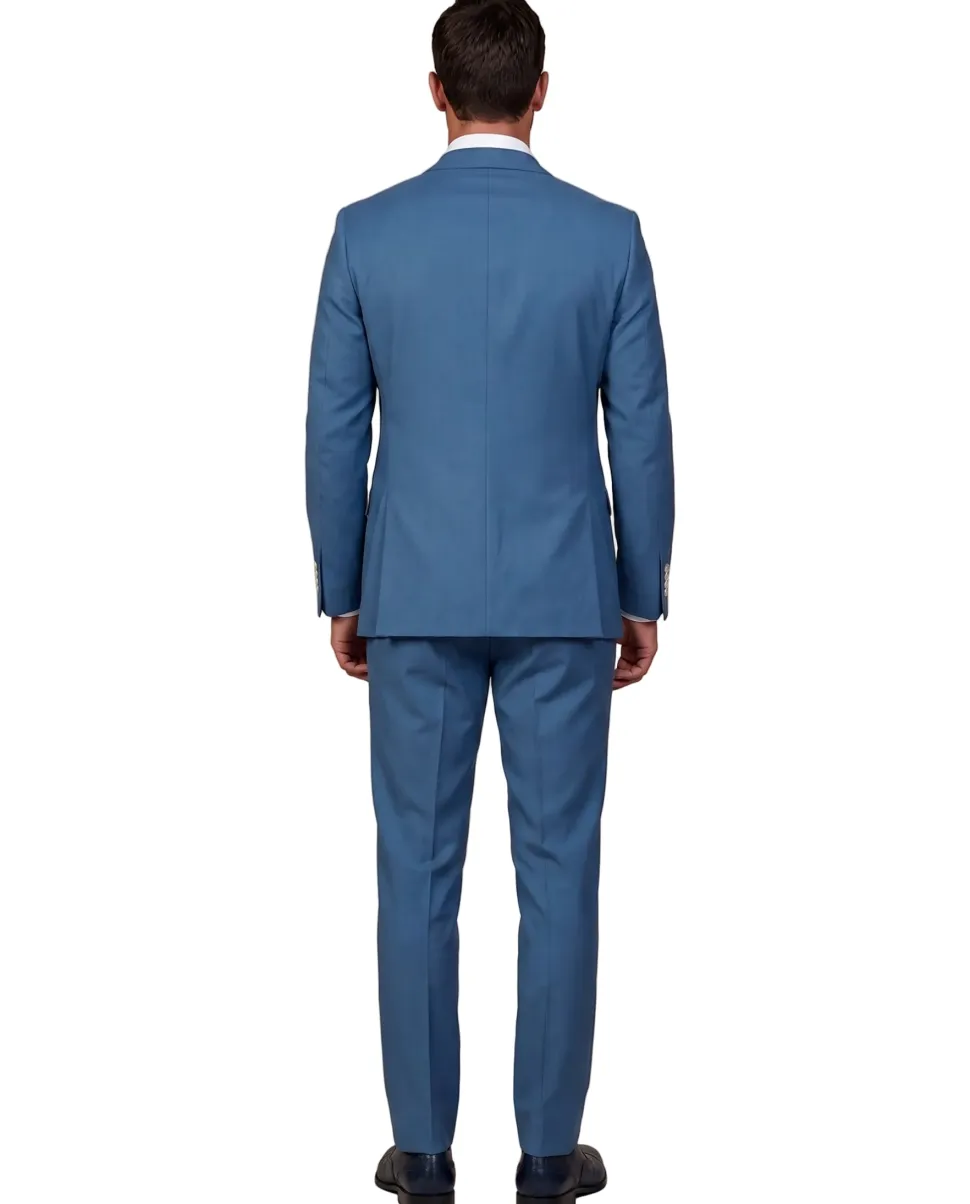 Mazara Mens Steel Blue Slim Fit Notch Lapels Patch Pockets Wool Stretch 2-Button Suit