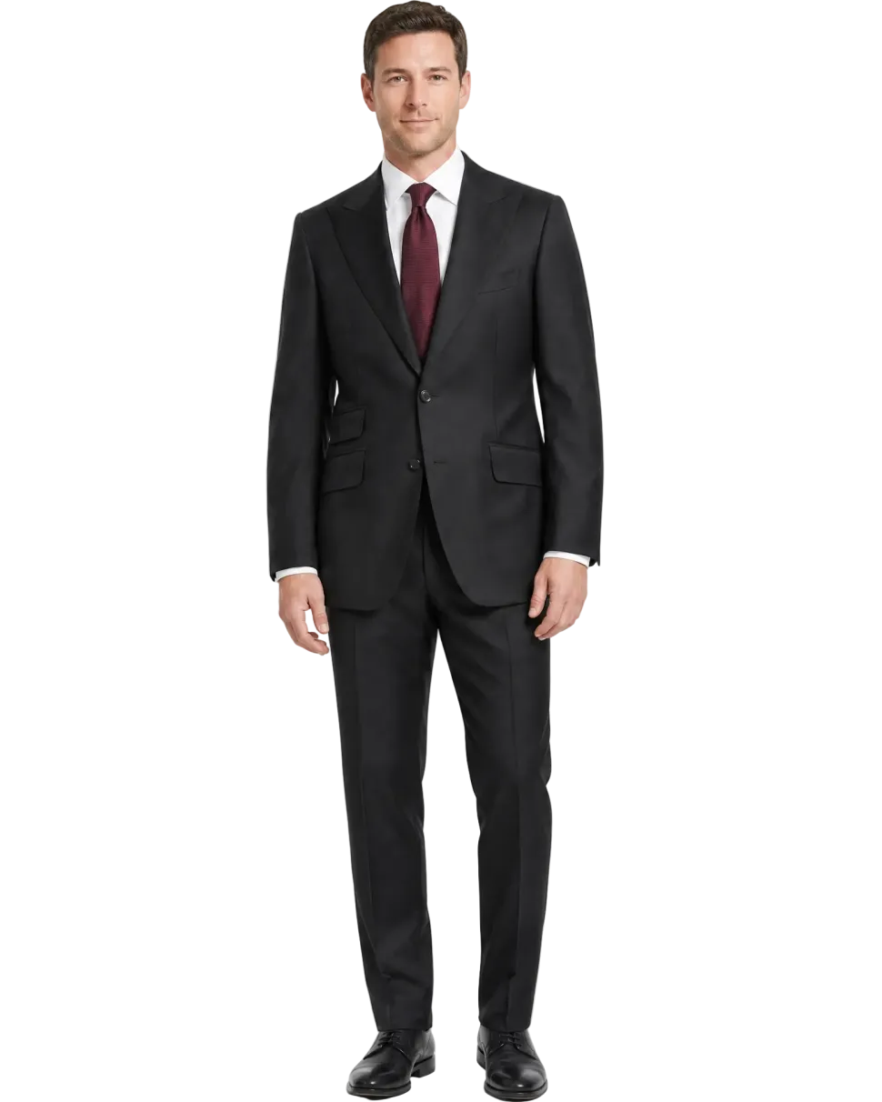 Mazara Solid Black Wool Cashmere Blend Slim Fit Peak Lapels 2 Button Suit