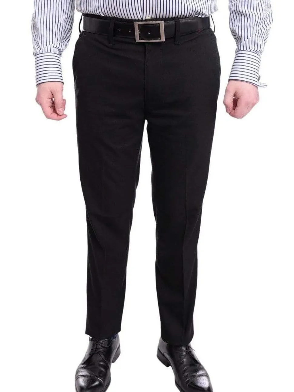 Mazari Slim Fit Solid Black Flat Front Washable Stretch Dress Pants