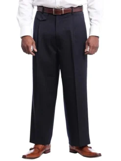 Mens Black Diamond Classic Fit Solid Navy Blue Pleated Wool Dress Pants