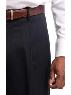 Mens Black Diamond Classic Fit Solid Navy Blue Pleated Wool Dress Pants