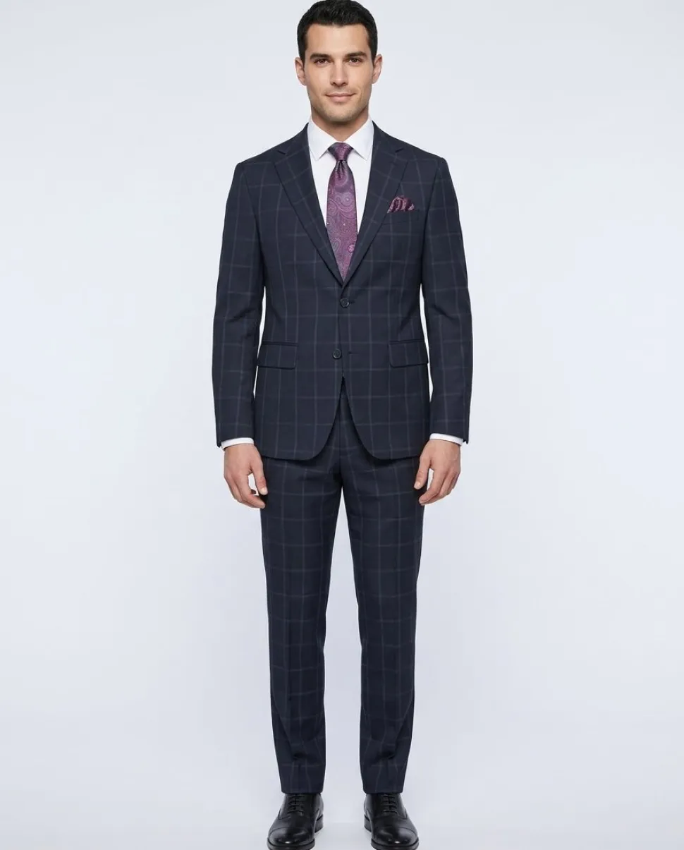 Mens Blue Check Slim Fit 100% VBC Wool Prehemmed Suit