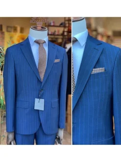 Mens Blue Pinstriped Slim Fit 100% VBC Wool Prehemmed Suit