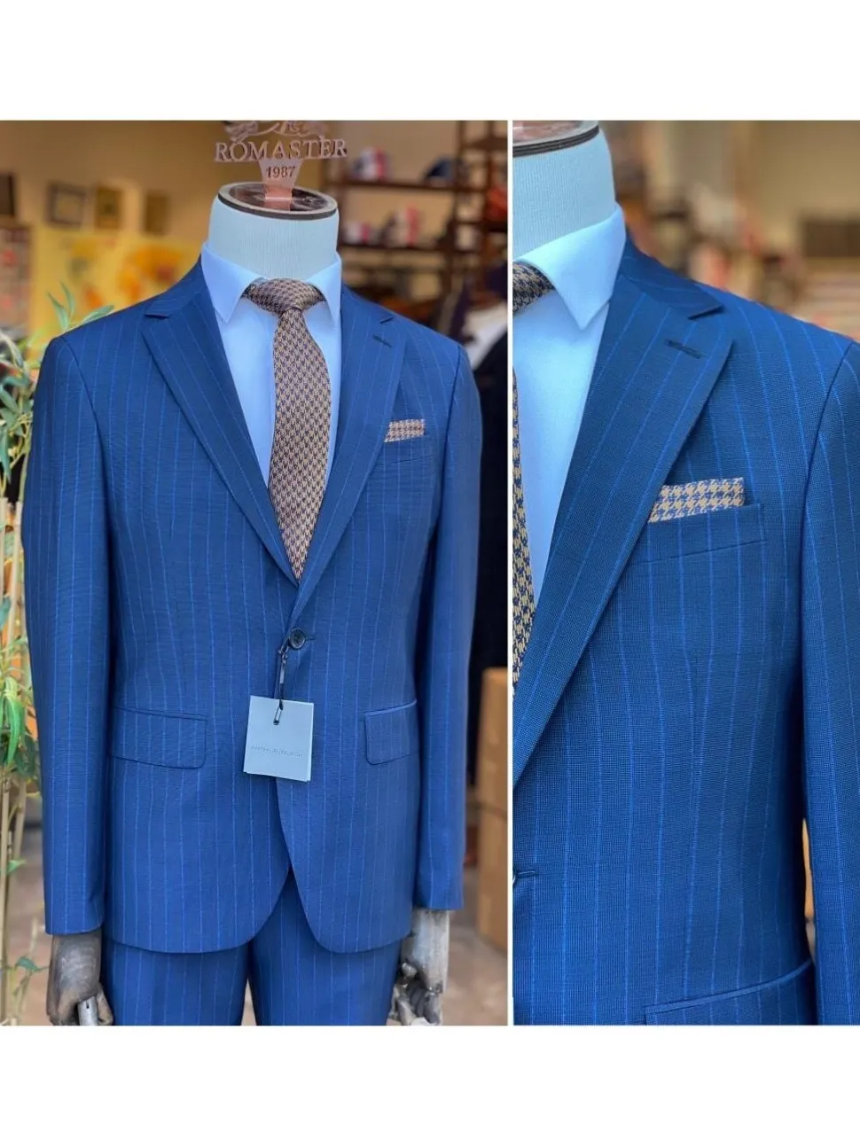 Mens Blue Pinstriped Slim Fit 100% VBC Wool Prehemmed Suit