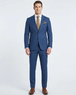 Mens Blue Pinstriped Slim Fit 100% VBC Wool Prehemmed Suit