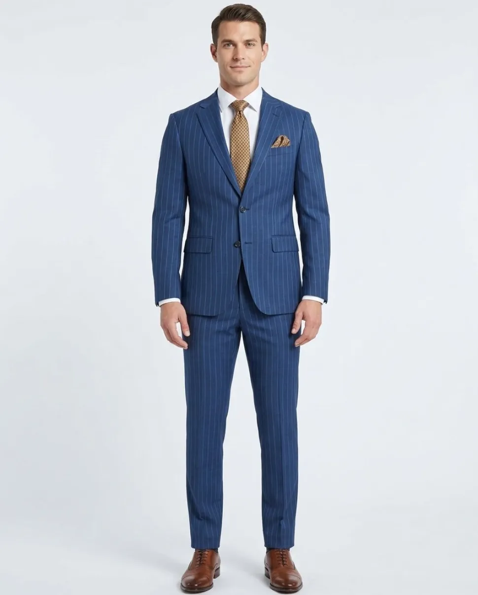 Mens Blue Pinstriped Slim Fit 100% VBC Wool Prehemmed Suit