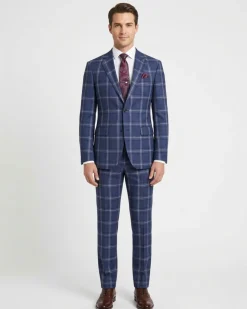 Mens Blue Plaid Slim Fit 100% VBC Wool Prehemmed Suit