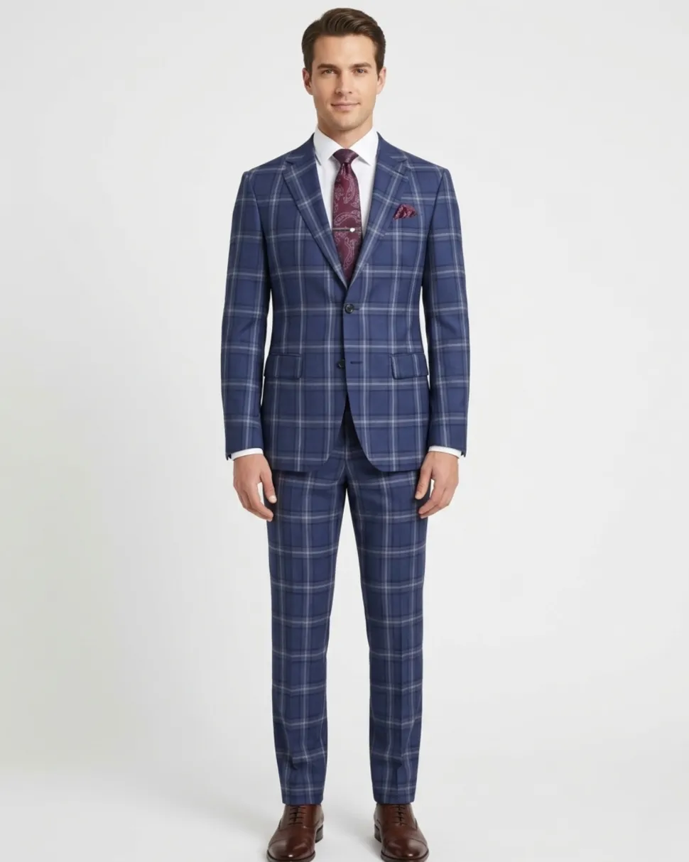 Mens Blue Plaid Slim Fit 100% VBC Wool Prehemmed Suit