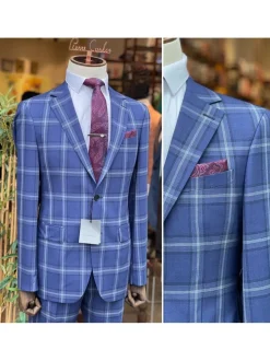 Mens Blue Plaid Slim Fit 100% VBC Wool Prehemmed Suit