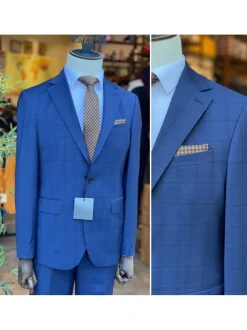 Mens Blue Plaid Slim Fit 100% VBC Wool Prehemmed Suit