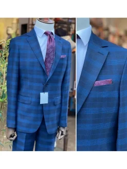 Mens Blue Plaid Slim Fit 100% VBC Wool Prehemmed Suit