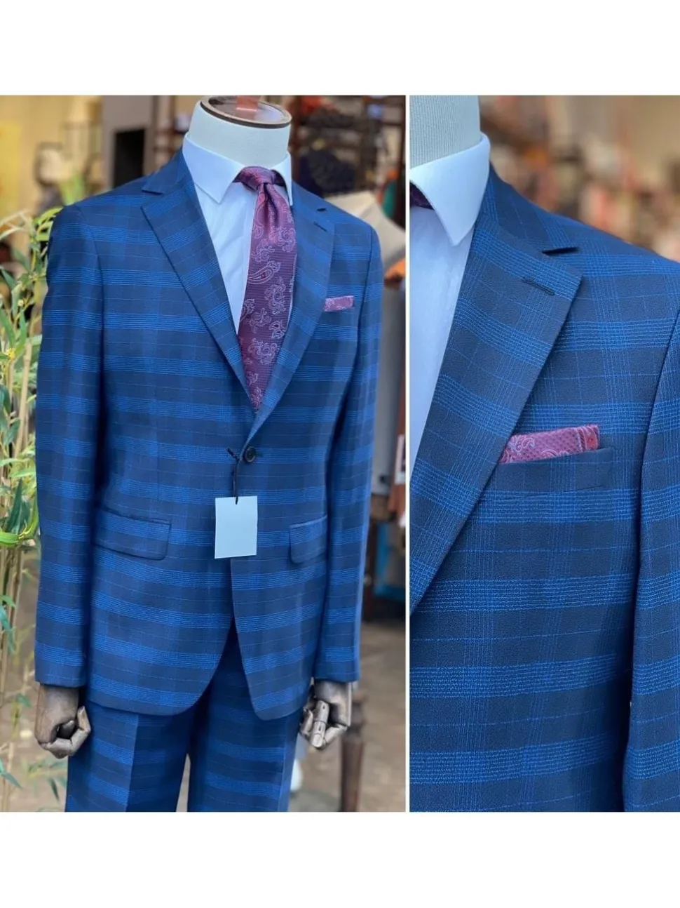 Mens Blue Plaid Slim Fit 100% VBC Wool Prehemmed Suit