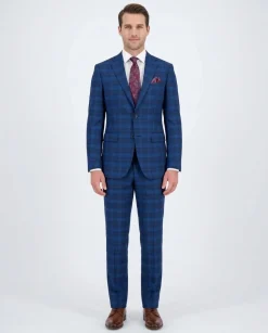 Mens Blue Plaid Slim Fit 100% VBC Wool Prehemmed Suit