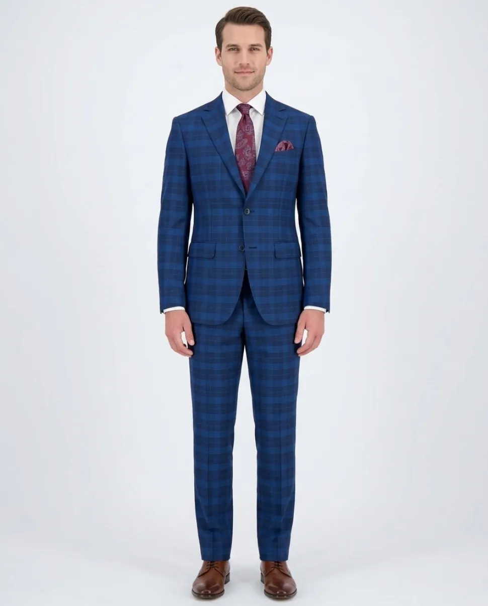Mens Blue Plaid Slim Fit 100% VBC Wool Prehemmed Suit