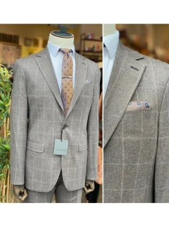 Mens Brown Check Slim Fit 100% VBC Flannel Wool Prehemmed Suit